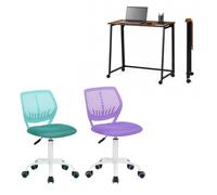 FURNISH 1 Set di 2 scrivanie pieghevoli con 2 sedie da ufficio, marrone e viola e turchese, 80 x 40 x 74 cm, sedia ergonomica girevole regolabile, 45,5 x 39 x 85 cm, ufficio, telelavoro, studente e