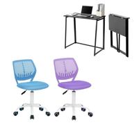 FURNISH 1 Set di 2 scrivanie pieghevoli con 2 sedie da ufficio, nero e blu e viola, 80 x 40 x 74 cm, sedia ergonomica girevole regolabile 45,5 x 39 x 85 cm, ufficio, telelavoro, studente e camera da