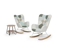 FURNISH 1 Set Salotto da Giardino per 2 Persone, 3 Pezzi con 2 Poltrone a Dondolo in Tessuto Patchwork Verde e 1 Tavolino Rotondo, Struttura in Metallo e Legno, per Giardino, Balcone e Terrazza
