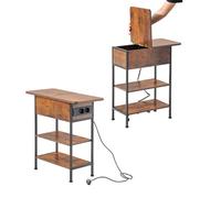 FurnitureR 2 comodini industriali vintage, scatola portaoggetti e vassoio pieghevole, tavolo da notte con stazione di ricarica, 2 prese e 2 USB, grande ripiano aperto a 2 livelli, 60 x 30 x 60 cm