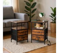 FurnitureR 2 pezzi per divano da soggiorno, tavolino con multi-coloured LED, 2 AC Sockets, 2 porte USB, 2 cassetti in tessuto, stile industriale retrò marrone, 40 x 30 x 60 cm