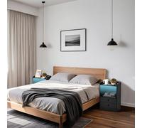 FurnitureR 2 x Comodino con illuminazione a LED, illuminazione ambientale, multicolore, 2 cassetti, comodino con stazione di ricarica USB/Presa, Desk D'appoint in MDF nero, 38 x 26 x 56 cm