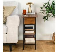 FurnitureR Comodino industriale vintage, scatola portaoggetti e vassoio pieghevole, tavolo da notte con stazione di ricarica/2 prese e 2 USB, grande ripiano aperto a 2 livelli, 60 x 30 x 60 cm