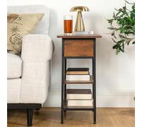 FurnitureR Comodino industriale vintage, scatola portaoggetti e vassoio pieghevole, tavolo da notte con stazione di ricarica/2 prese e 2 USB, grande ripiano aperto a 2 livelli, 60 x 30 x 60 cm