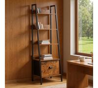 FurnitureR Libreria da ufficio, stile scala, 42 x 29 x 141 cm, con cassetto in tessuto, 5 livelli, pannelli in legno da 12 mm e telaio in metallo da 20 mm, parete posteriore da 7,5 cm, mensola moderna