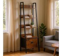 FurnitureR Libreria scala a 5 livelli, 42 x 29 x 141 cm, con cassetto in tessuto, ripiani in legno da 12 mm e telaio in metallo da 20 mm, parete posteriore da 7,5 cm, elegante scaffale per soggiorno