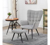 FurnitureR Poltrona per orecchie con sgabello, poltrona lounge, in velluto, per la TV, fino a 120 kg, grigio chiaro