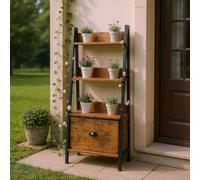 FurnitureR Scaffale per piante in stile scala, 42 x 29 x 110 cm, 4 ripiani, cassetto in tessuto, pannelli in legno da 12 mm e telaio in metallo da 20 mm, parete posteriore da 7,5 cm, supporto per