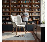 FurnitureR Sedie da ufficio casual, sedia da Scandic, tessuto beige con schienale alto a quadri e gambe in legno di faggio, altezza 45 cm, per discussioni in ufficio, accoglienza e consultazione