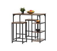 FurnitureR Set da pranzo da bar in 3 pezzi, tavolo industriale con ripiani e 2 sgabelli, struttura in metallo nero con piano in legno