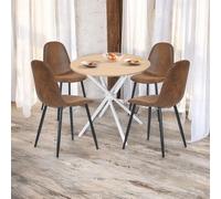 FurnitureR Set di 5 tovagliette rotonde da pranzo, 80 cm, in MDF Balcony Tea Table- Elegant Wooden Design, 4 pezzi in finta pelle scamosciata Upholstery & Metal Frame Chairs, per Home and Cafe