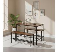 FurnitureR Set Tavolo da Pranzo Rettangolare da 3 Pezzi, Metallo Legno ingegnerizzato, Marrone, Table D70xW110xH74cm, Each Bench:D30xW100xH45cm