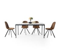 FurnitureR Set tavolo da pranzo, tavolo da cucina con motivo marmo e 4 sedie girevoli in pelle scamosciata, tavolo da cucina per sala da pranzo e soggiorno, 150 x 75 x 75 cm, scrivania bianca e gambe