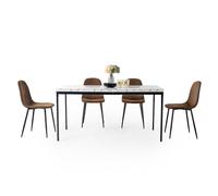 FurnitureR Set tavolo da pranzo, tavolo da cucina con motivo marmo e 4 sedie in pelle scamosciata, tavolo da cucina per sala da pranzo soggiorno, 150 x 75 x 75 cm, scrivania bianca e gambe nere+sedie