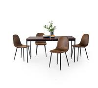 FurnitureR Set tavolo da pranzo, tavolo da cucina in legno vintage e 4 sedie in pelle scamosciata, tavolo da cucina per sala da pranzo soggiorno, 150 x 75 x 75 cm, scrivania marrone e gambe nere+sedie