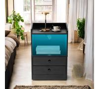 FurnitureR Tavolo da notte con illuminazione a LED, illuminazione ambientale multicolore, 2 cassetti, comodino con stazione di ricarica USB/Presa, Desk D'accento in MDF nero, 38 x 26 x 56 cm