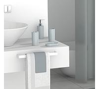 FurnitureXtra Set di accessori da bagno in plastica dal design moderno, 7 pezzi, portasapone, portaspazzolino, dispenser di sapone, bicchiere, tenda da doccia, anelli per tende e tappetino da bagno