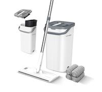 FurnitureXtra Set mocio e secchio, mocio piatto in microfibra per bagnato e asciutto, con manico in acciaio inox, secchio a doppia camera adatto per tutti i pavimenti