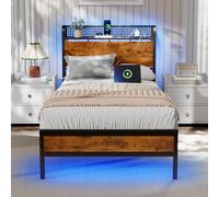 Furnulem Struttura letto matrimoniale con luci a LED e stazione di ricarica, struttura letto con testiera in legno, piattaforma in metallo con contenitore sotto il letto, porta USB, doghe in metallo