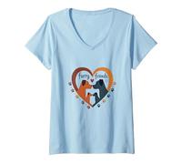 Furry Friends: Adorabile Cane Famiglia Cuore Maglietta con Collo a V, Donna, Celeste, L