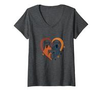 Furry Friends: Adorabile Cane Famiglia Cuore Maglietta con Collo a V, Donna, Grigio Scuro, L