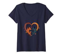 Furry Friends: Adorabile Cane Famiglia Cuore Maglietta con Collo a V, Donna, Navy, L