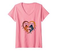Furry Friends: Adorabile Cane Famiglia Cuore Maglietta con Collo a V, Donna, Rosa, L