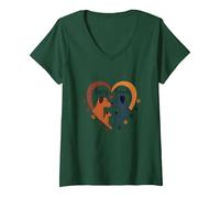 Furry Friends: Adorabile Cane Famiglia Cuore Maglietta con Collo a V, Donna, Verde Foresta, L