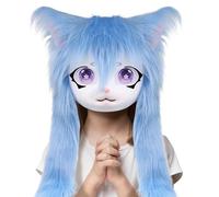 Furry Head - Maschera a testa di gatto con occhi grandi e capelli lunghi, accessorio realistico per cosplay, spettacoli teatrali, feste di Halloween, feste in maschera e convegni anime