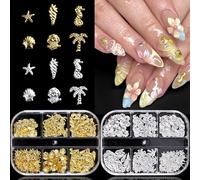 Furtherpretty Set di ciondoli per unghie 3D da spiaggia, 2 scatole oro e argento, conchiglie estive oceano stella marina medusa palma accessori per nail art decorazione con pinzette, concha nácar para