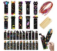 Furuising 34 Pezzi Scratch Art con Graffi di Animali Segnalibro Scratch Arcobaleno con 20 Penna In Legno e 35 Colorate Corde Segnalibri Artistici per Forniture Artigianali Feste