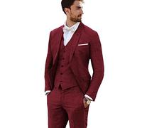 Furuyal Completo di lino 3 pezzi vintage retrò abiti da ballo di fine anno giacca slim fit blazer sposo smoking, Borgogna chiaro, L