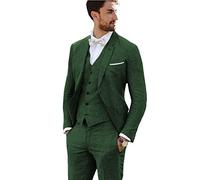 Furuyal Completo di lino 3 pezzi vintage retrò abiti da ballo di fine anno giacca slim fit blazer sposo smoking, verde scuro, L
