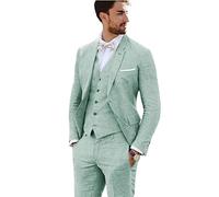 Furuyal - Completo in lino, 3 pezzi, stile vintage, retrò, abiti da sposa slim fit, giacca da sposo, smoking, Verde chiaro, M