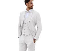 Furuyal - Completo in lino, 3 pezzi, stile vintage, retrò, abiti da sposa slim fit, giacca da sposo, smoking, bianco, XS