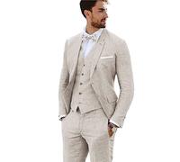 Furuyal Linen Suit 3 Pieces Vintage Retro Wedding Prom Suits Slim Fit Jacket Blazer Groom Tuxedos Beige-M