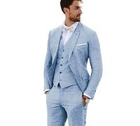 Furuyal Linen Suit 3 Pieces Vintage Retro Wedding Prom Suits Slim Fit Jacket Blazer Groom Tuxedos Blue-M