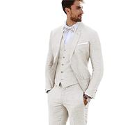 Furuyal Linen Suit 3 Pieces Vintage Retro Wedding Prom Suits Slim Fit Jacket Blazer Groom Tuxedos Ivory-M