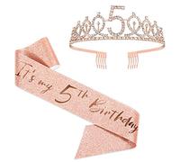 Fusciacca e diadema per il 5° compleanno per ragazze, corona di compleanno in oro rosa, 5 e favolosa fascia e diadema per ragazze, regalo per il 5° compleanno per feste di compleanno
