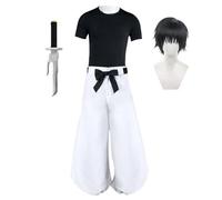 Fushiguro Toji Costume Cosplay for Halloween Anime giapponese Gioco di ruolo Abbigliamento casual quotidiano T-shirt nera e pantaloni bianchi con puntelli for armi Set completo(Set 1 With Wig,S)
