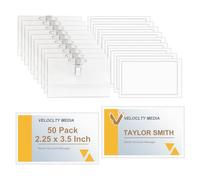 Fushing - 50 porta badge in plastica trasparente per biglietti da visita, targhette con il nome, con clip di supporto per carte identificative, orizzontale (50 Pezzi)