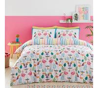 Fusion - Copripiumino Fenicottero Tropicale - Singolo (140 x 200cm) - Design Reversibile (Rainbow Stripes) - Uccelli Tropicali (Toucan) - Colori vivaci, Rosa