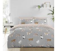 Fusion - Copripiumino grigio gatto - Letto matrimoniale (200 x 200 cm) - Design reversibile (rosa e grigio) - Biancheria da letto con stampa di zampe di gatto - Biancheria da letto con stampa di