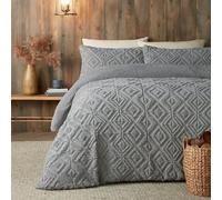 Fusion - Copripiumino grigio in pile Teddy - Letto matrimoniale (200 x 200 cm) - Design reversibile - Copripiumino jacquard grigio scuro - Biancheria da letto trapuntata quadrata geometrica - pile