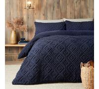 Fusion - Copripiumino in pile Teddy blu navy - letto singolo (140 x 200 cm) - Design reversibile - Copripiumino jacquard blu scuro - Biancheria da letto trapuntata quadrata geometrica - pile morbido e