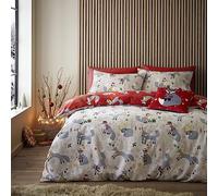 Fusion - Funda Nórdica Christmas Fox - 230 x 220 cm - Reversible (2 Colores) - 2 Fundas de Almohada - Ropa de Cama Navideña Woodland Festive Foxes - Funda Nórdica Navideña en Natural y Rojo