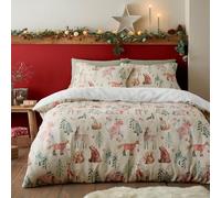 Fusion - Funda Nórdica de Forro Polar con Animales del Bosque - 260 x 220 cm - Diseño Reversible - 2 Fundas de Almohada - Ropa de Cama Woodland en Natural - Ropa de Cama Natural de Navidad
