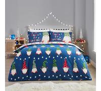 Fusion - Funda Nórdica Gonk Navideña Azul Marino - 260 x 220 cm - Reversible (2 Colores) - 100% Algodón - 2 Fundas de Almohada Incluidas - Funda Nórdica Gnomo Navideño - Ropa de Cama Navideña
