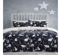 Fusion - Funda nórdica navideña con noche estrellada y oso polar - 140 x 200 cm - Diseño reversible - 1 funda de almohada - Ropa de cama azul marino con osos y árboles árticos - Ropa de cama navideña