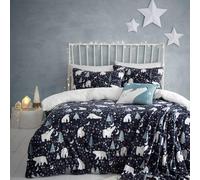 Fusion - Funda nórdica navideña con noche estrellada y oso polar - 230 x 220 cm - Diseño reversible - 2 fundas de almohada - Ropa de cama azul marino con osos y árboles árticos - Ropa de cama navideña